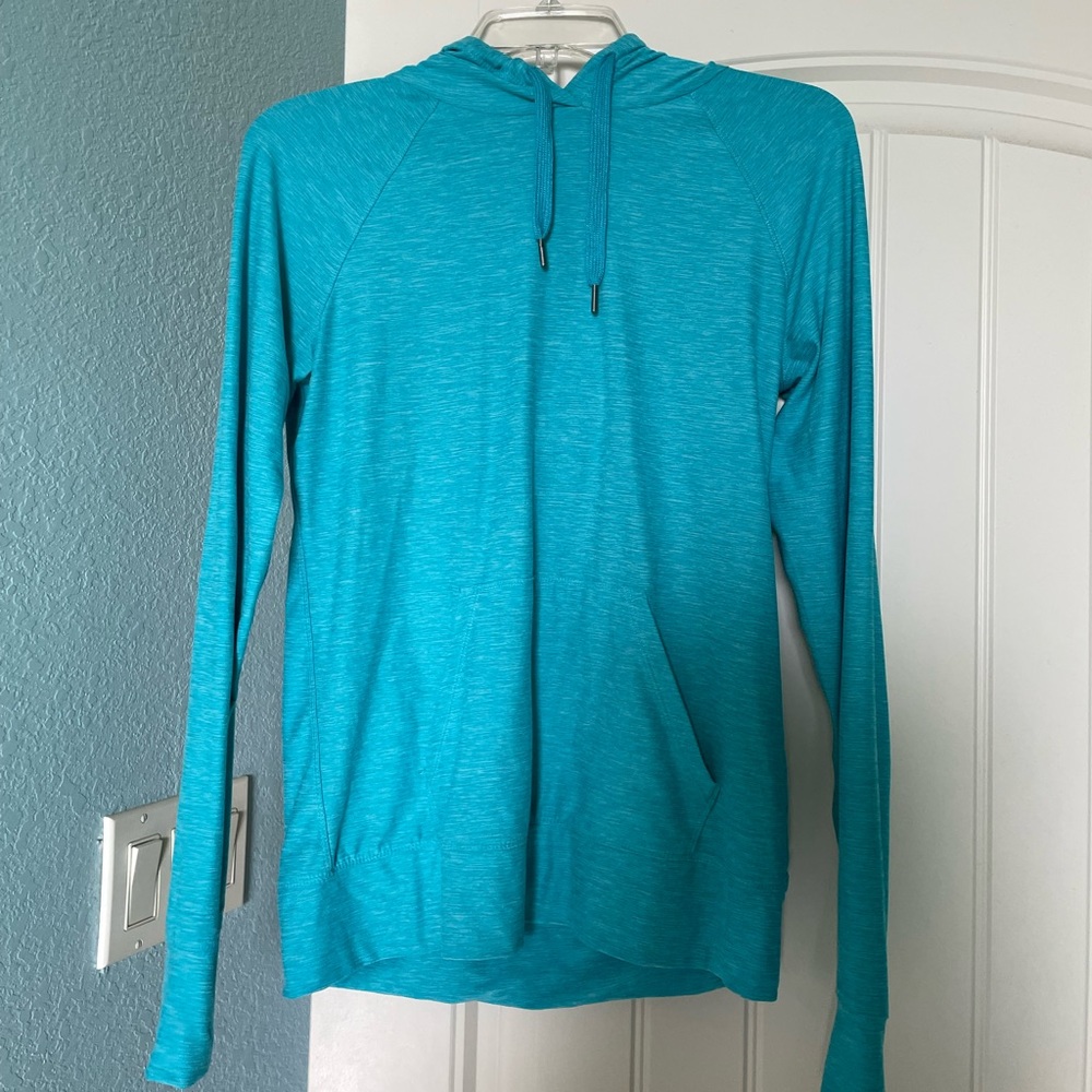 KYODAN long sleeve hooded workout/active shirt.  Buttery soft/bright teal.